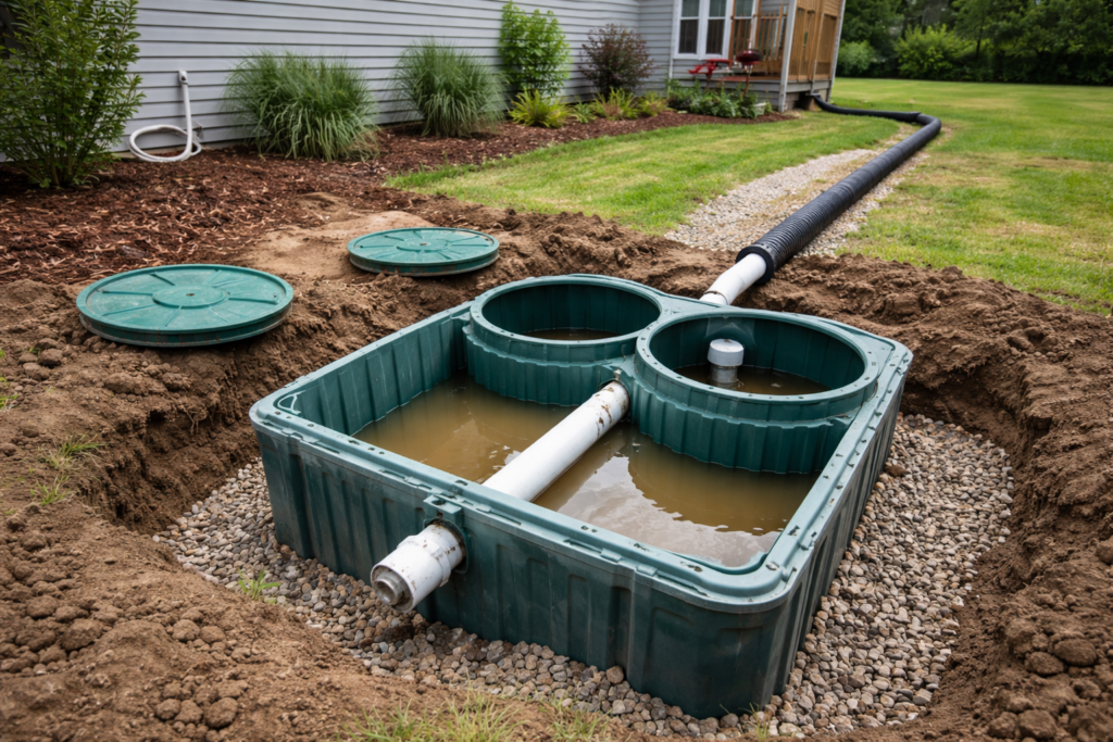 An open green septic tank being installed in a gravel pit, used to illustrate why homeowners should ask if Drano is safe for septic systems.
