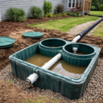 An open green septic tank being installed in a gravel pit, used to illustrate why homeowners should ask if Drano is safe for septic systems.